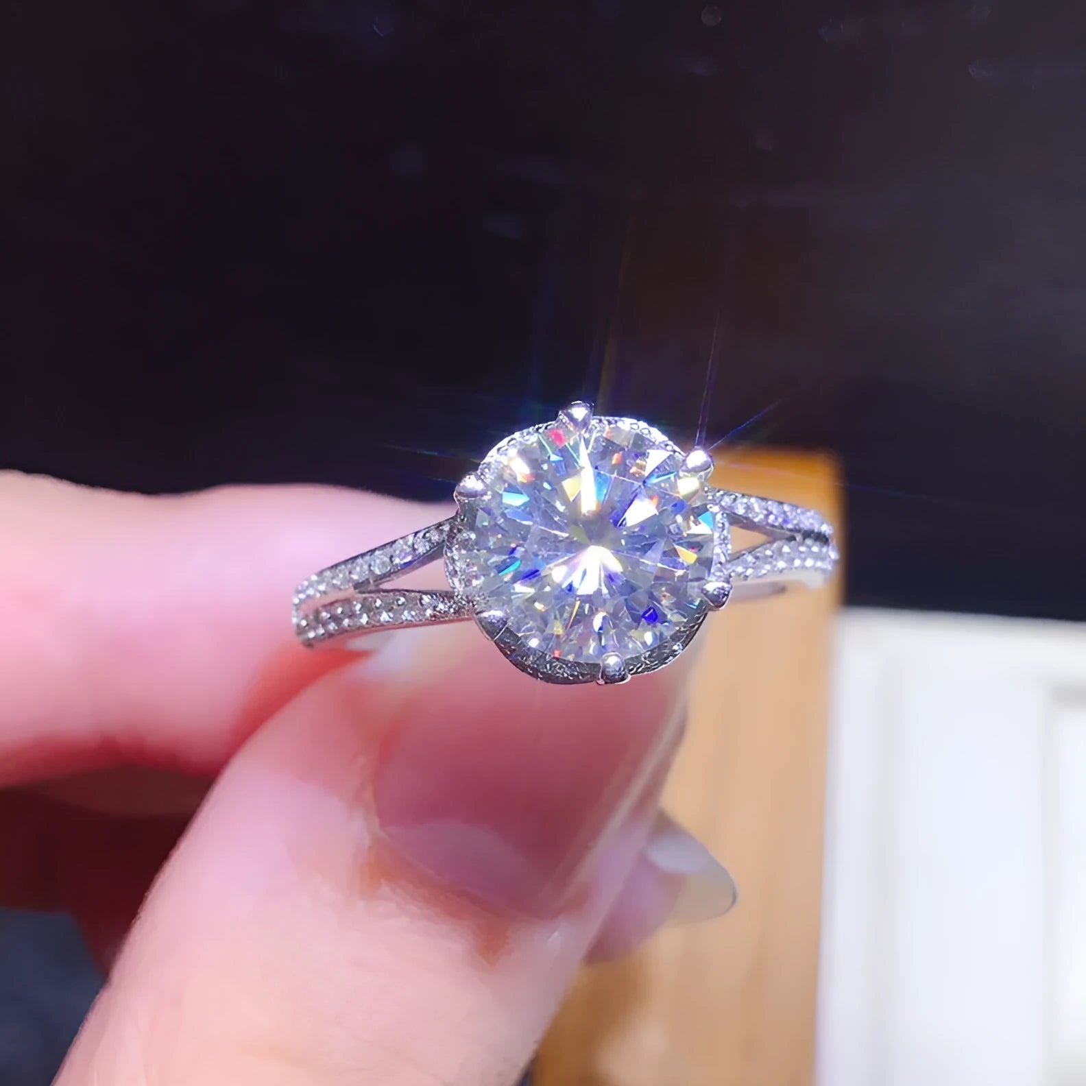 White gold colour copper ring with round 6.5mm moissanite stone and adjustable opening