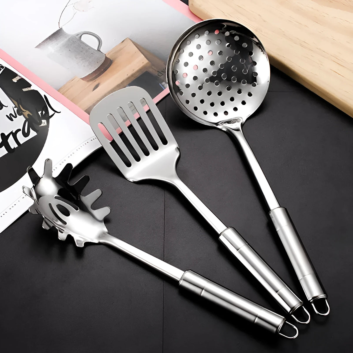 Anti-scalding 201 stainless steel 6-piece kitchenware set including stir-fried shovel, soup spoon, colander, and rice spoon