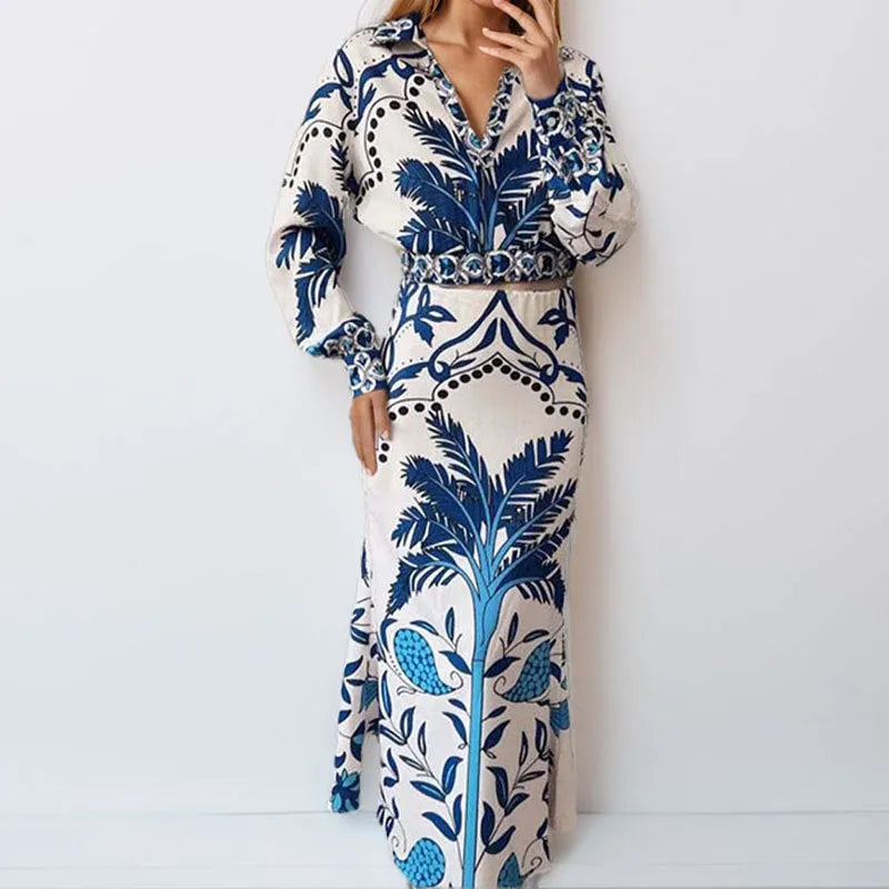 Women's long sleeve top and long skirt two-piece casual set in picture colour, loose fit.
