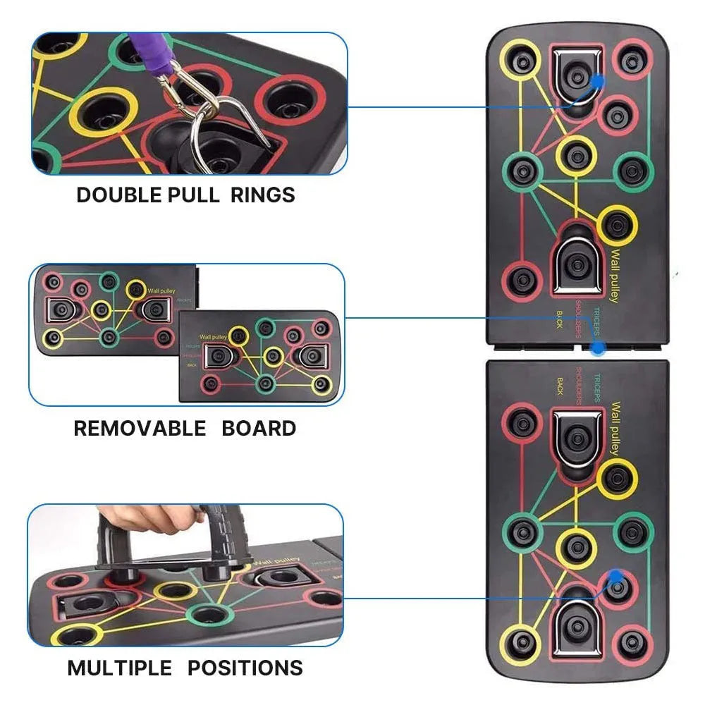 Folding push-up board with pull rope and two support armrests, 67 x 19 x 1.5 cm, for home fitness