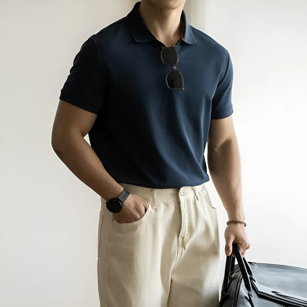 American-style cotton polyester short sleeve polo shirt in blue, black and white colours