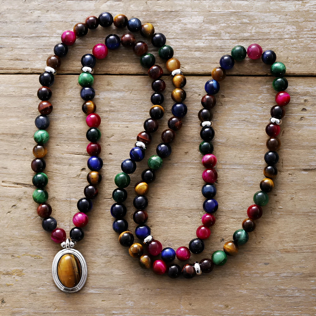 Colour tiger-eye natural stone necklace and bracelet set with wings, crown, infinite symbol, and heart-shaped pendants on ball bead chain