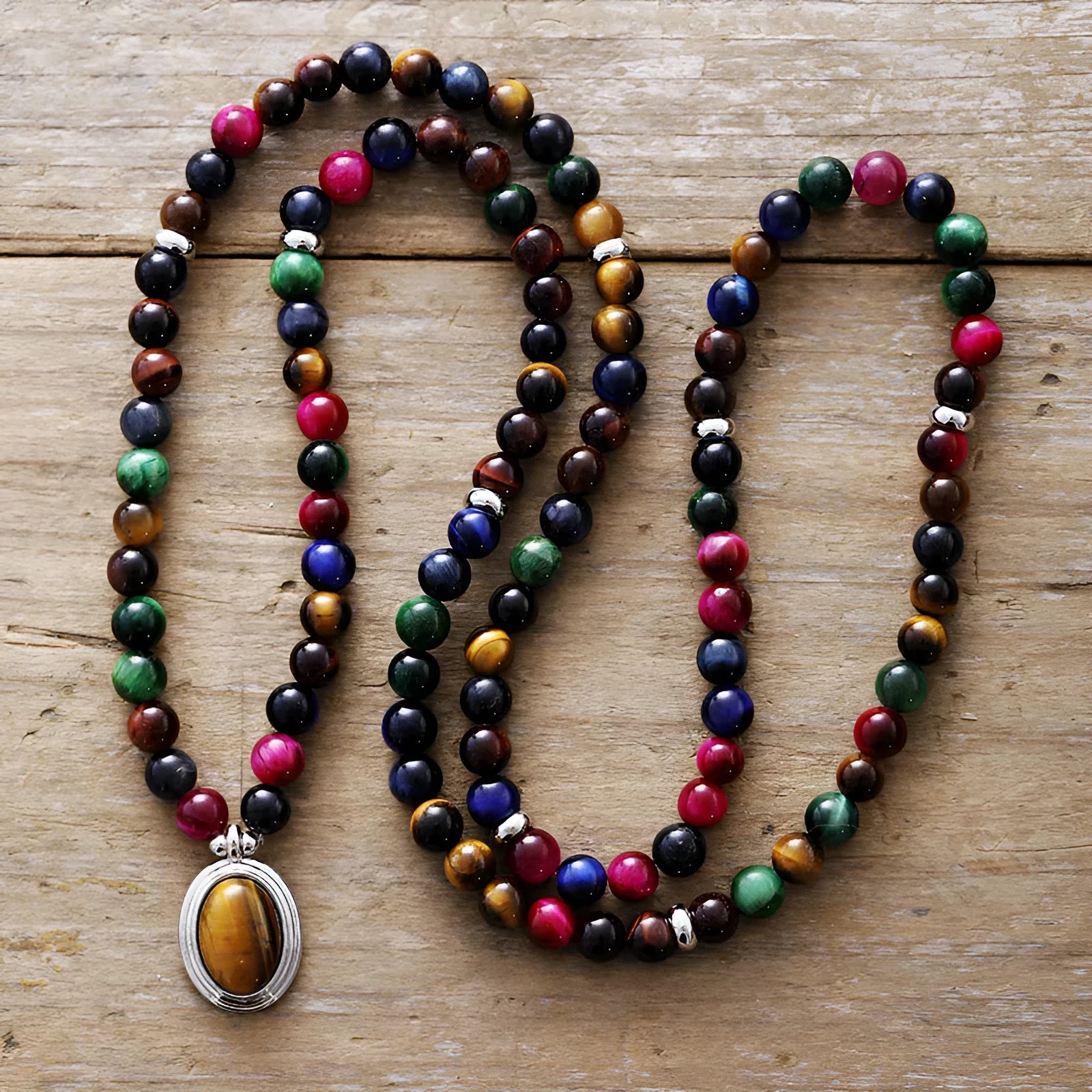 Colour tiger-eye natural stone necklace and bracelet set with wings, crown, infinite symbol, and heart-shaped pendants on ball bead chain