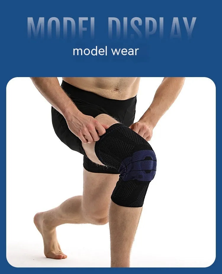 Black and blue adult sports knee pad for basketball and running protection.