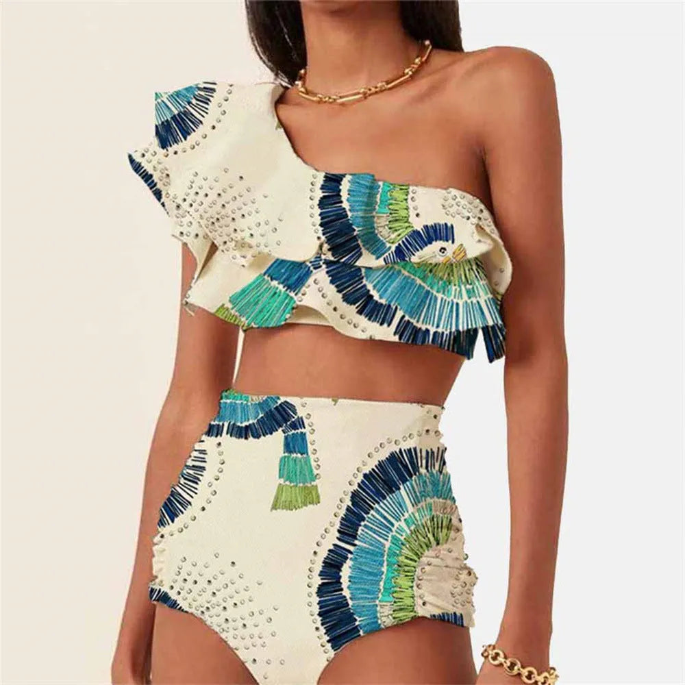 White women's one-shoulder swimsuit with large lotus leaf detail and split design