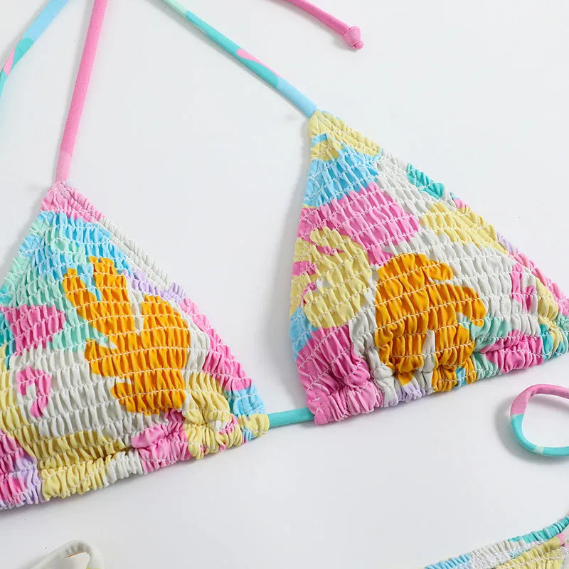 Women's triangle bikini set with smocked bandeau front in multicolour gradient floral print