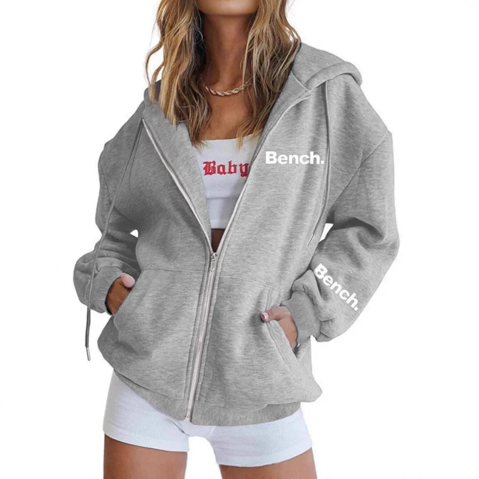 Loose fit grey polyester sweater coat with front zipper, hood, and letter print detail