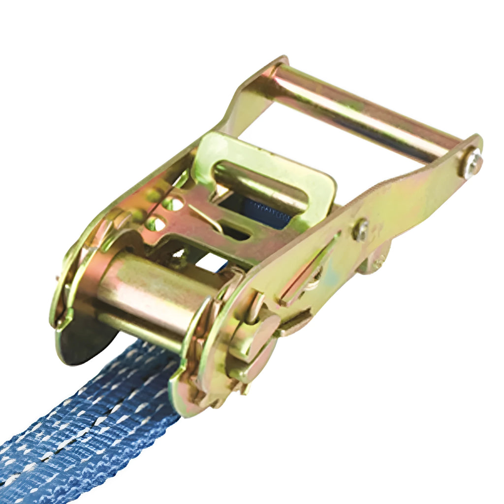 Double hook ratchet tensioner strap with steel mechanism and polyester webbing for cargo securing