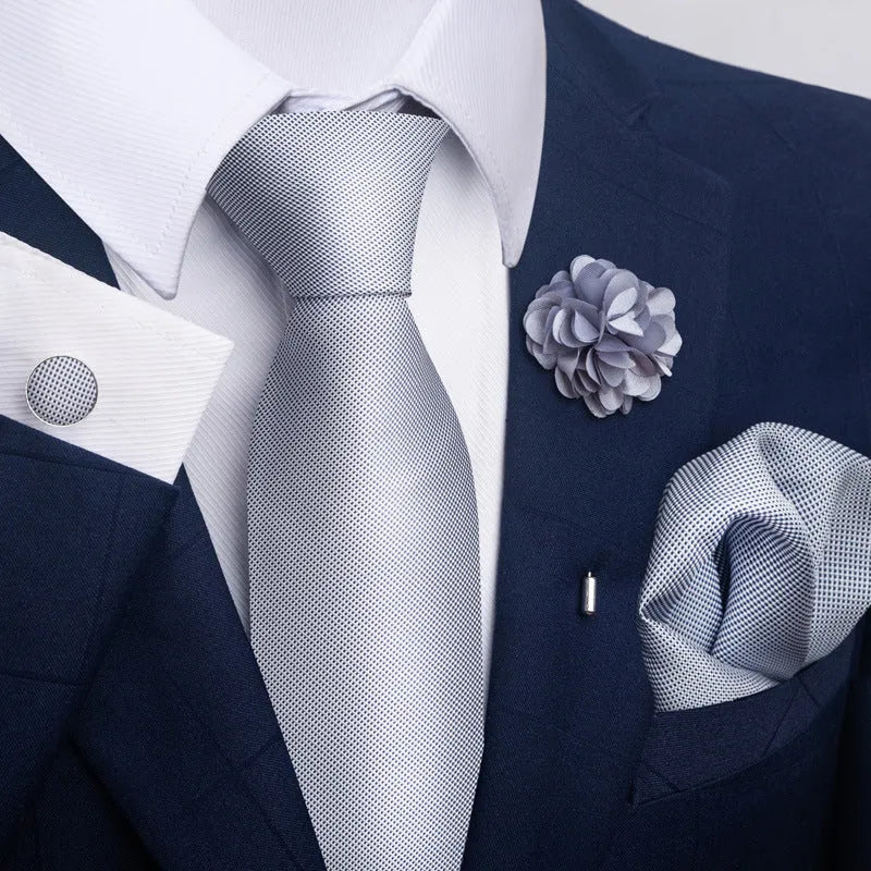 Floral jacquard polyester yarn tie and pocket square combo set for men, 147cm length, 50 colour options