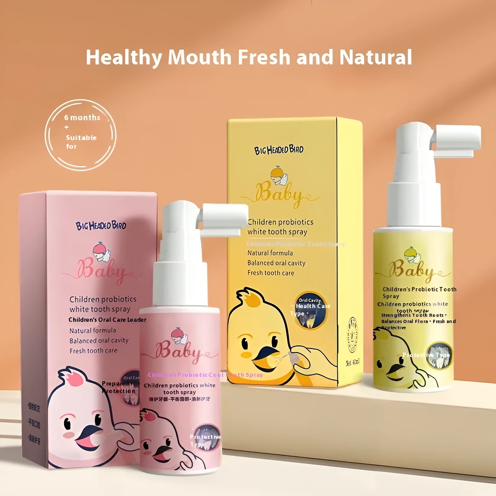 Children's probiotics anticavity oral spray bottle in strawberry and orange flavour options