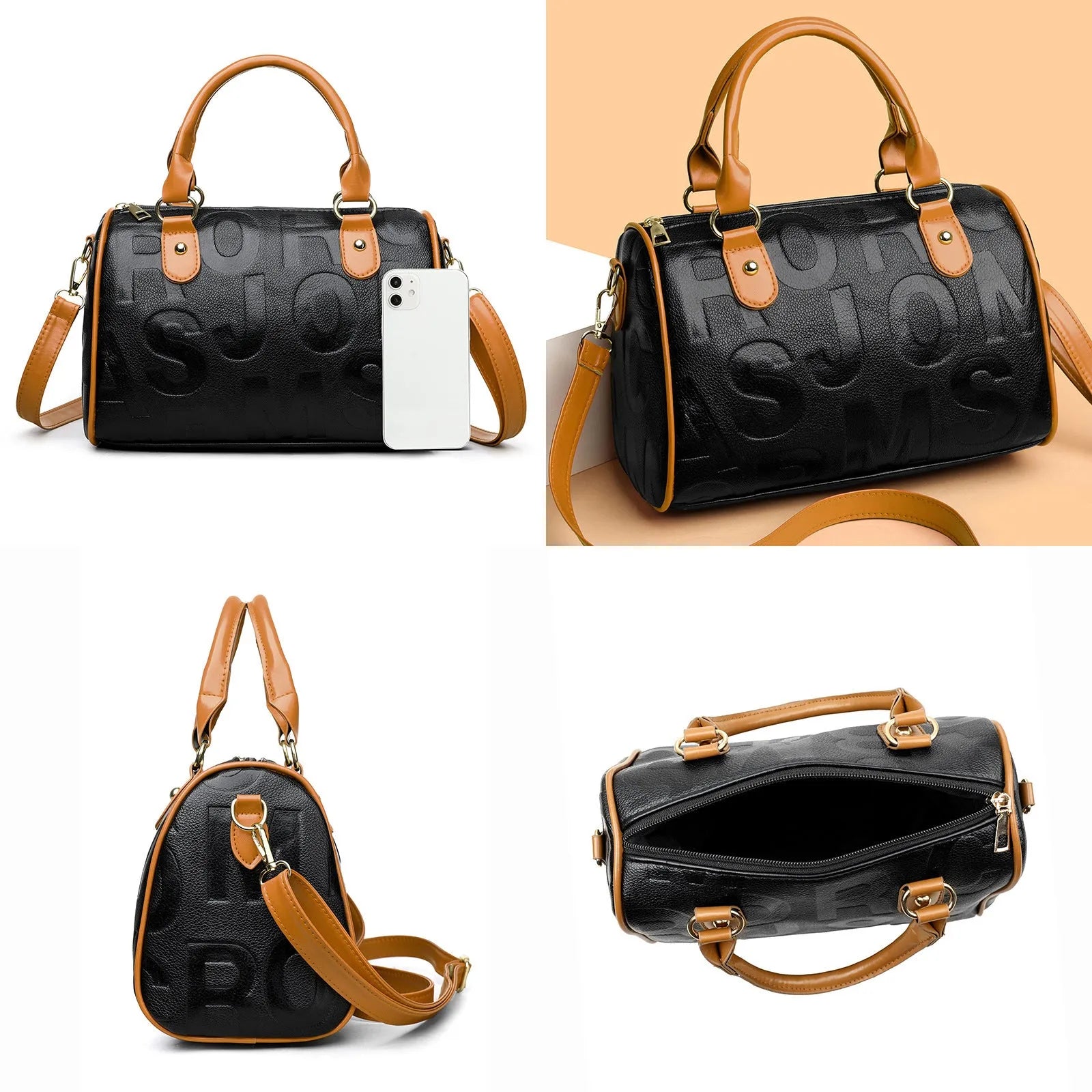 Brown cylindrical PU crossbody bag with three adjustable shoulder straps on a plain background.