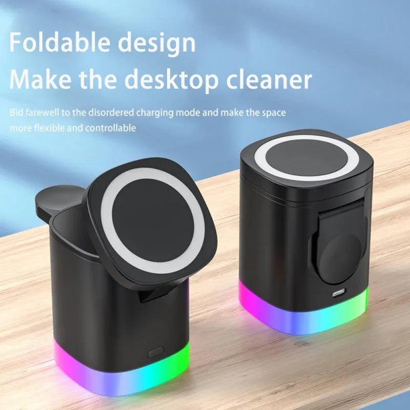 Black foldable 3 in 1 magnetic wireless charging station for phones, iWatch and AirPods with RGB indicator lights