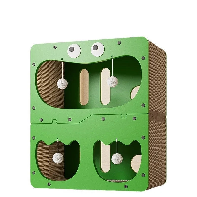 Double-layer cat scratching board nest in a primary colour, showing a cute owl or cat head style design.