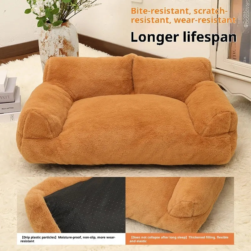 Large pink rabbit fur plush pet sofa bed for dogs with raised edges and anti-slip base