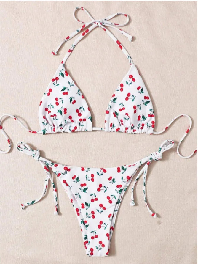 Women's split halter bikini swimsuit in solid colour with adjustable ties