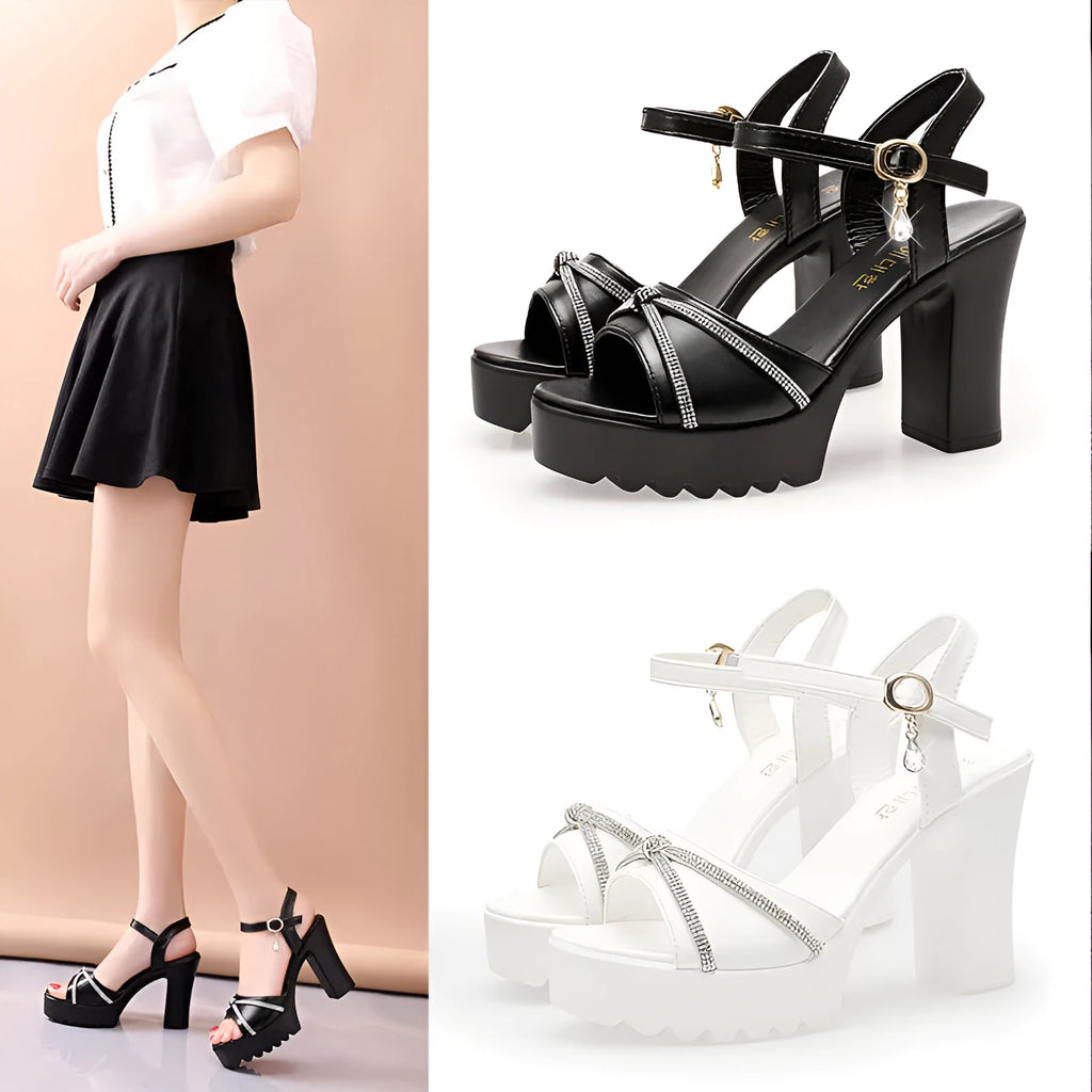 Women's black and white high heel sandals made from PU material, shown in available sizes 35-42.
