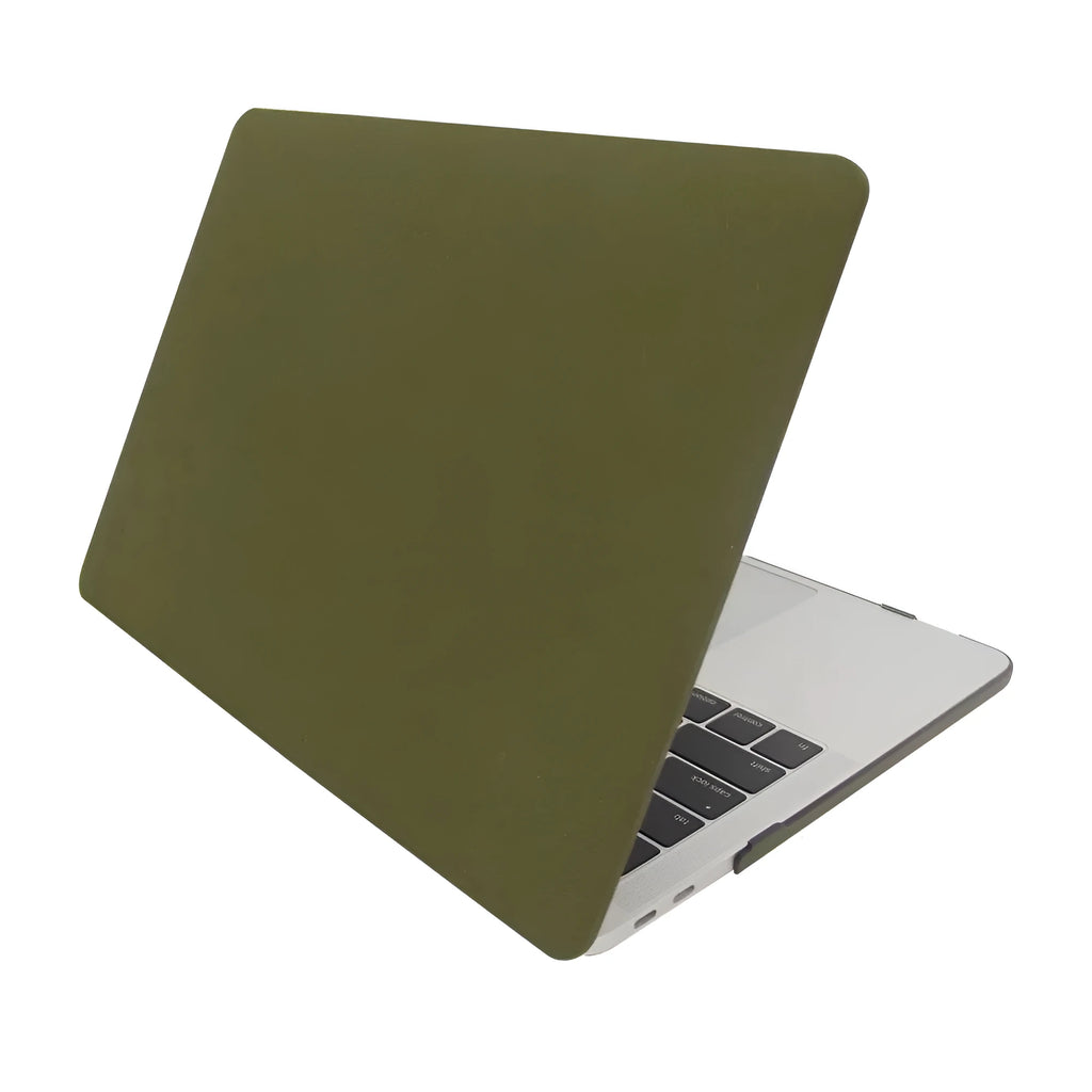 Quicksand army green polycarbonate MacBook protective shell on a laptop showing textured finish.