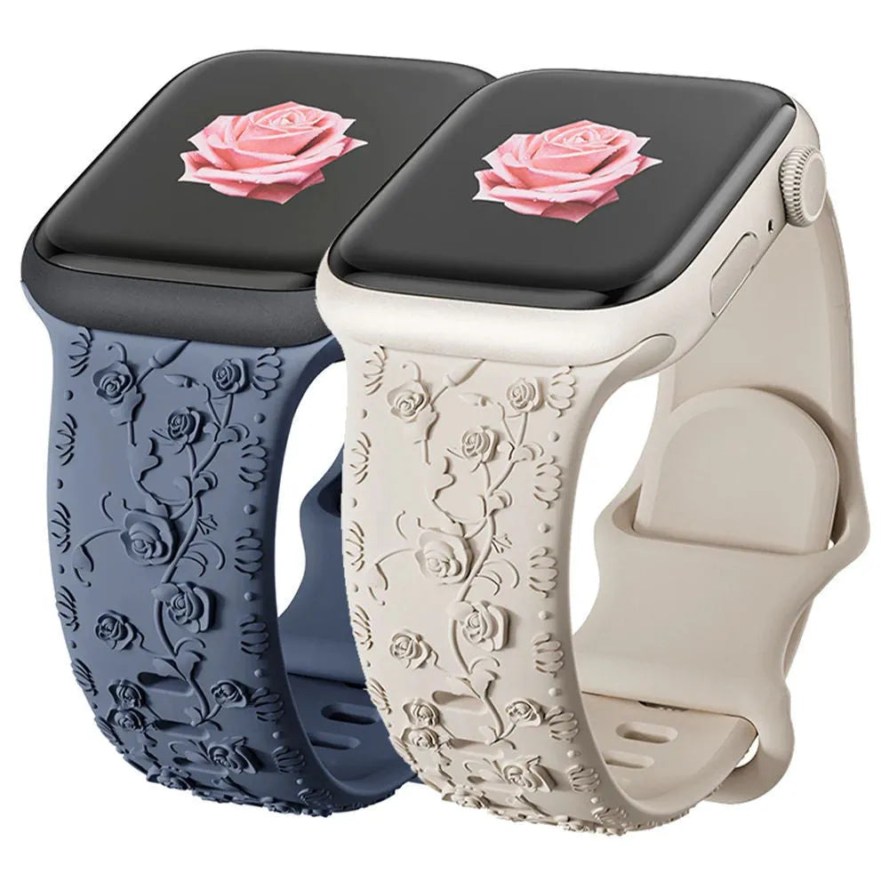 Embossed rose silicone Apple Watch strap in multiple colours for 38/40/41mm and 42/44/45mm case sizes