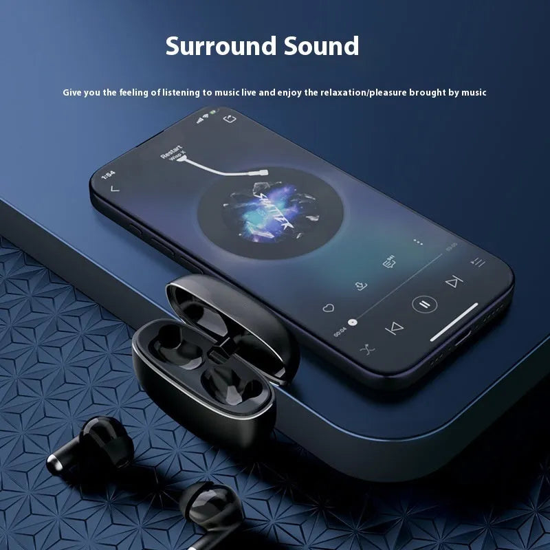 K50 Zinc Alloy Stereo Wireless Headset in black showing in-ear design and charging cable