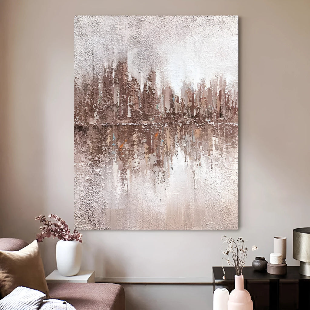 Hand-painted abstract oil painting on canvas, vertical one-panel, rolled and frameless, for living room or home office wall decor