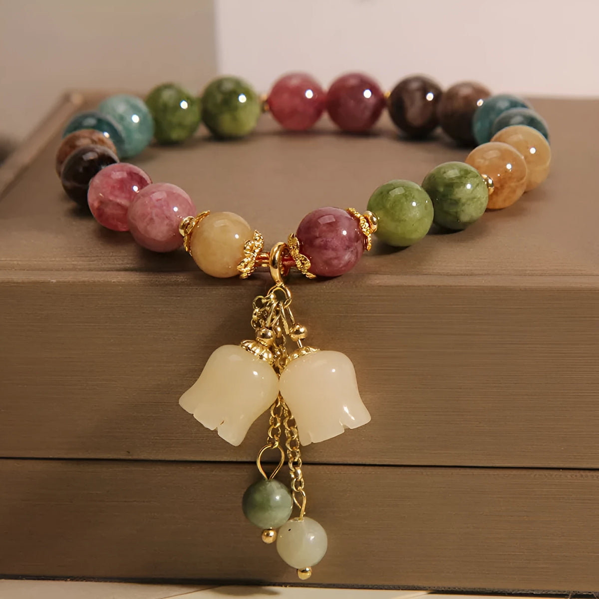 Colour tourmaline bracelet with round beads and lily pendant, jade material, female style