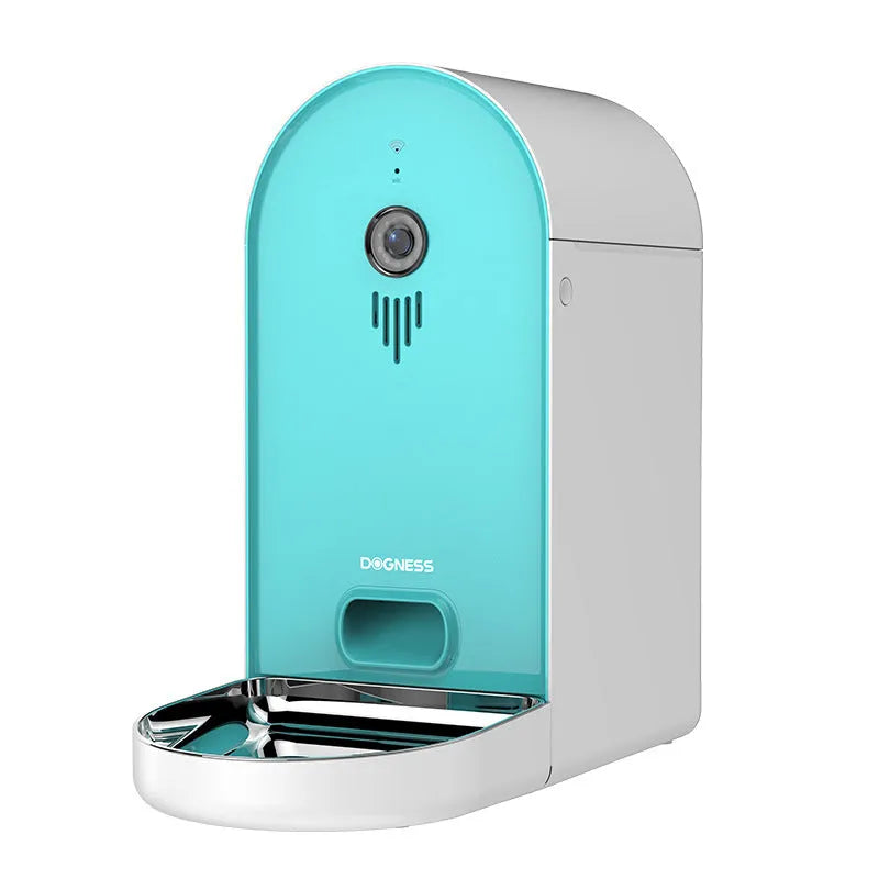 Smart automatic pet feeder with remote monitoring in Barbie pink and ivory white colour.