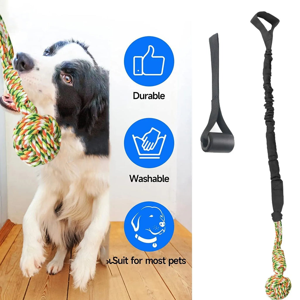 Cotton rope dog tug toy for interactive play and dental grinding, shown in black, grey, or red.