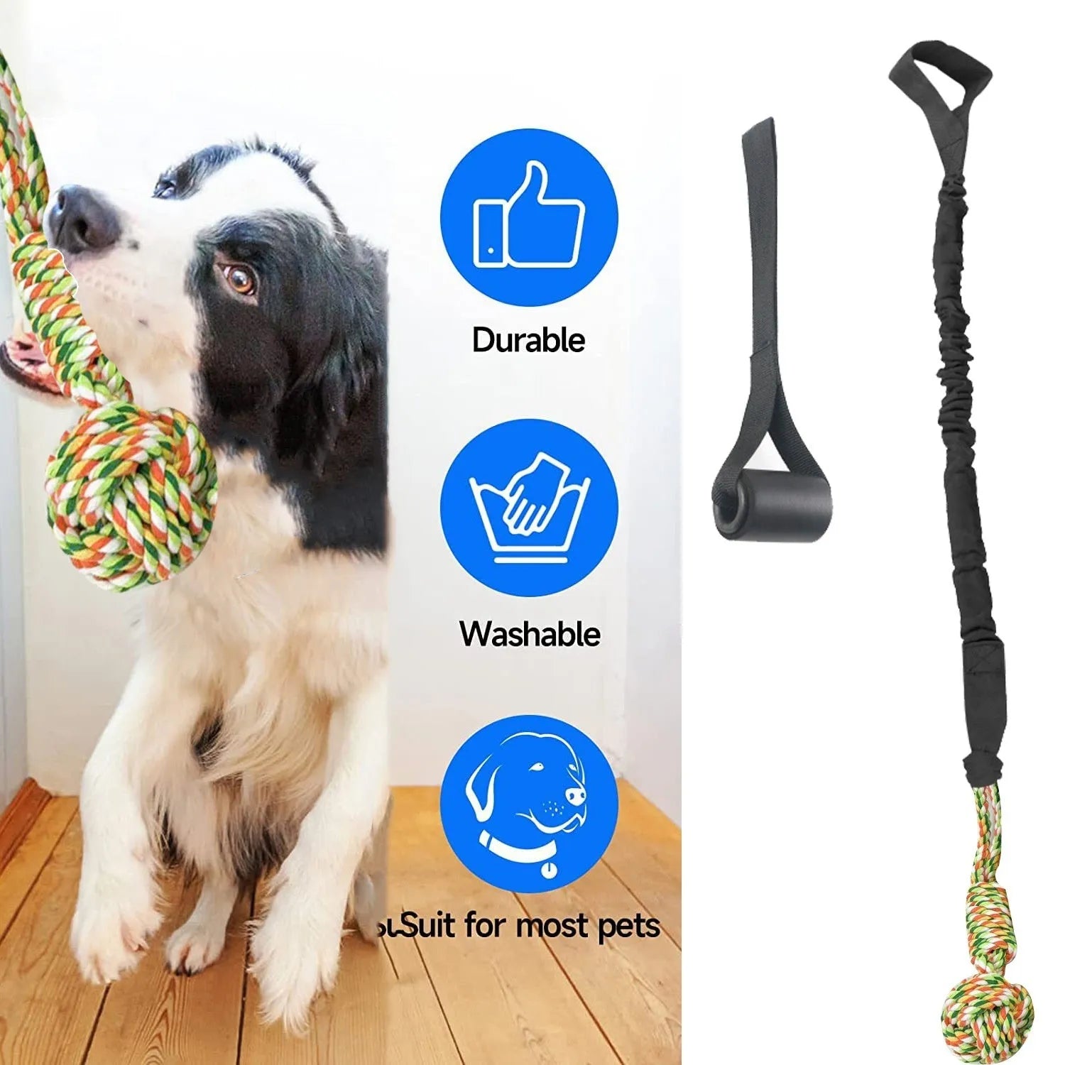 Cotton rope dog tug toy for interactive play and dental grinding, shown in black, grey, or red.