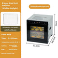 Stainless steel fruit dehydrator with multiple trays and LED control panel.
