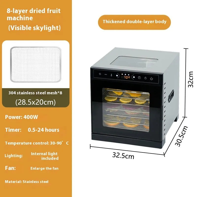Stainless steel fruit dehydrator with multiple trays and LED control panel.