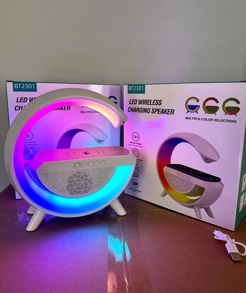 Bedside Bluetooth speaker with wireless charger and clock light, USB powered, 236mm round unit