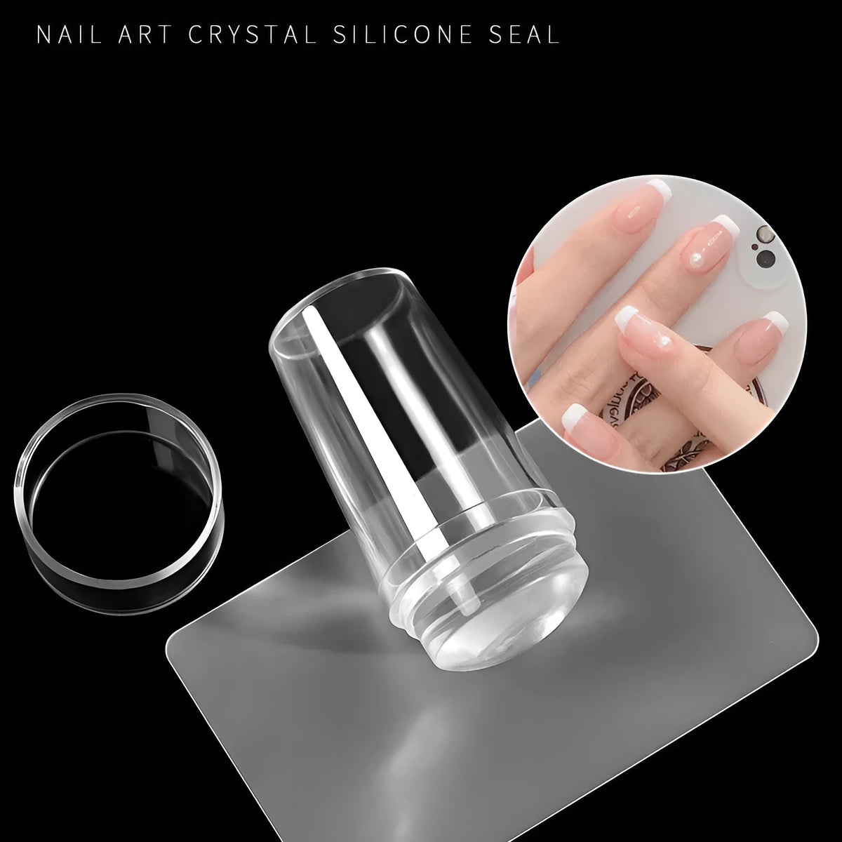 2.8cm transparent silicone French nail art stamp with cover and scraper set for printed nail designs