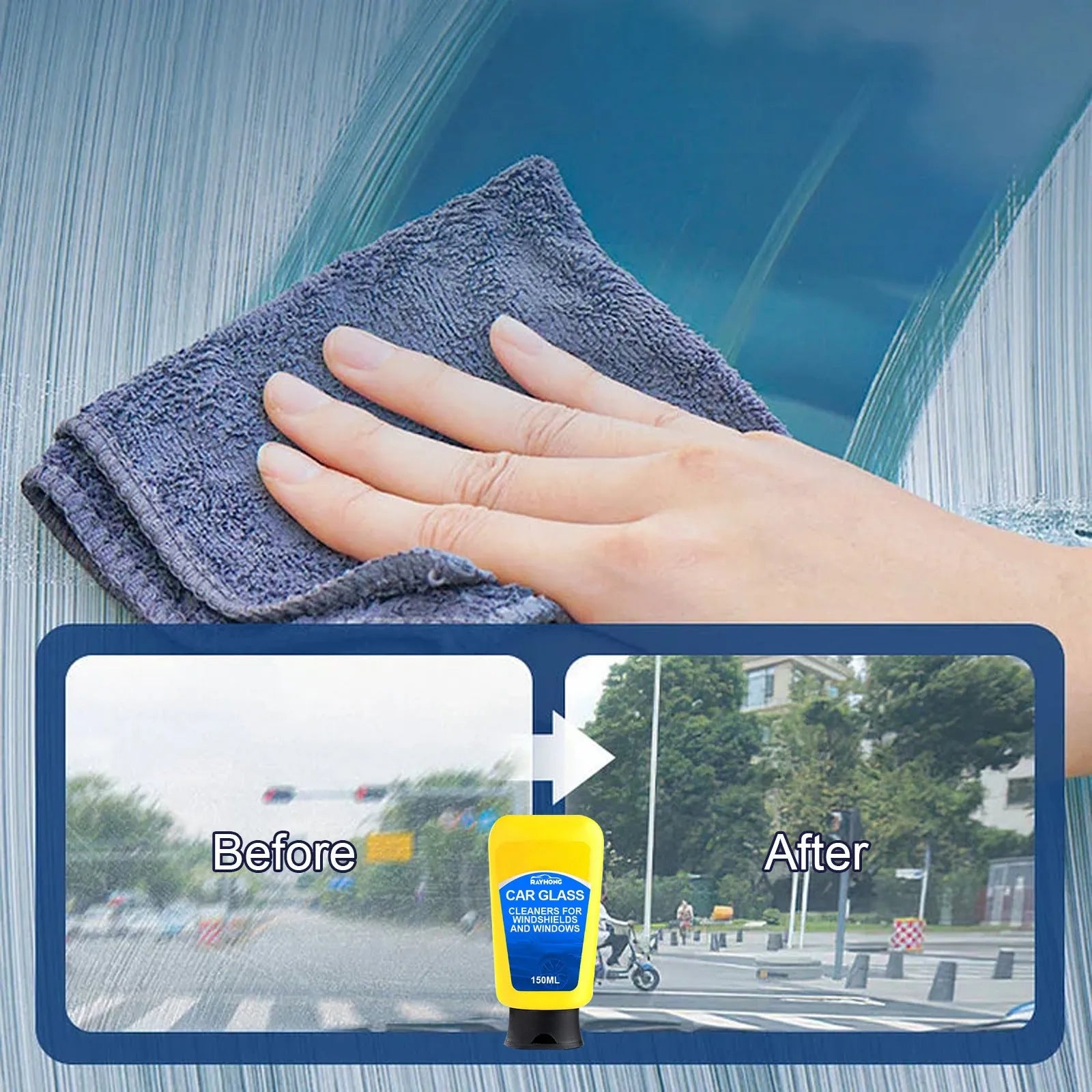 Car windscreen cleaning kit showing 150ml detergent bottle, sponge and cloth for automotive glass.