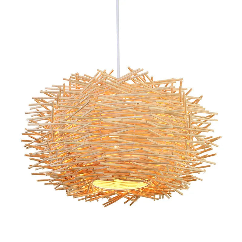 Handwoven rattan birdcage chandelier with bamboo straw weave in coffee colour, 30cm diameter