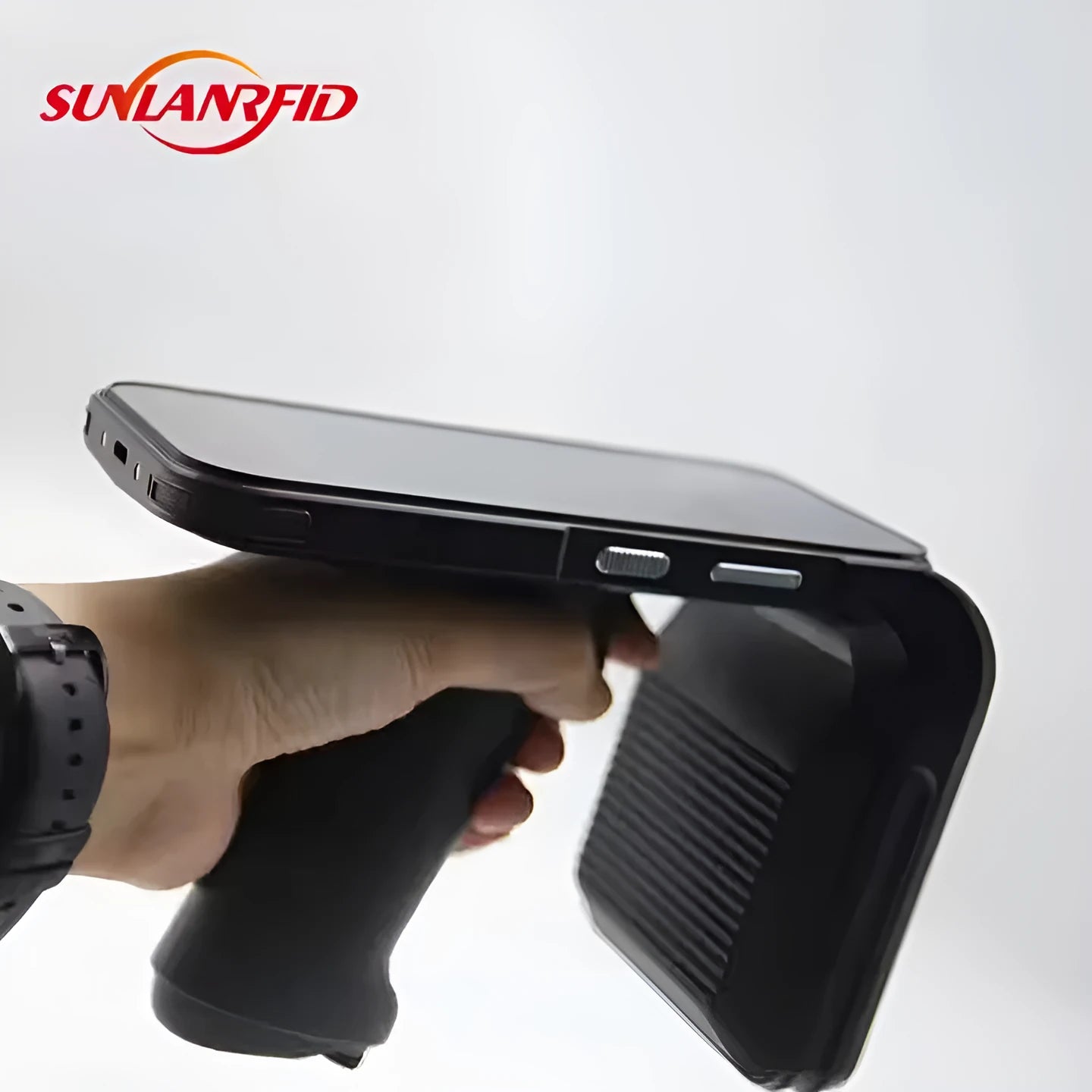 SLP-05 handheld Android UHF RFID scanner reader with barcode scan and fingerprint sensor.