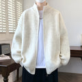 Men's casual stand collar cardigan sweater in Vinylon, beige colour, front view on hanger