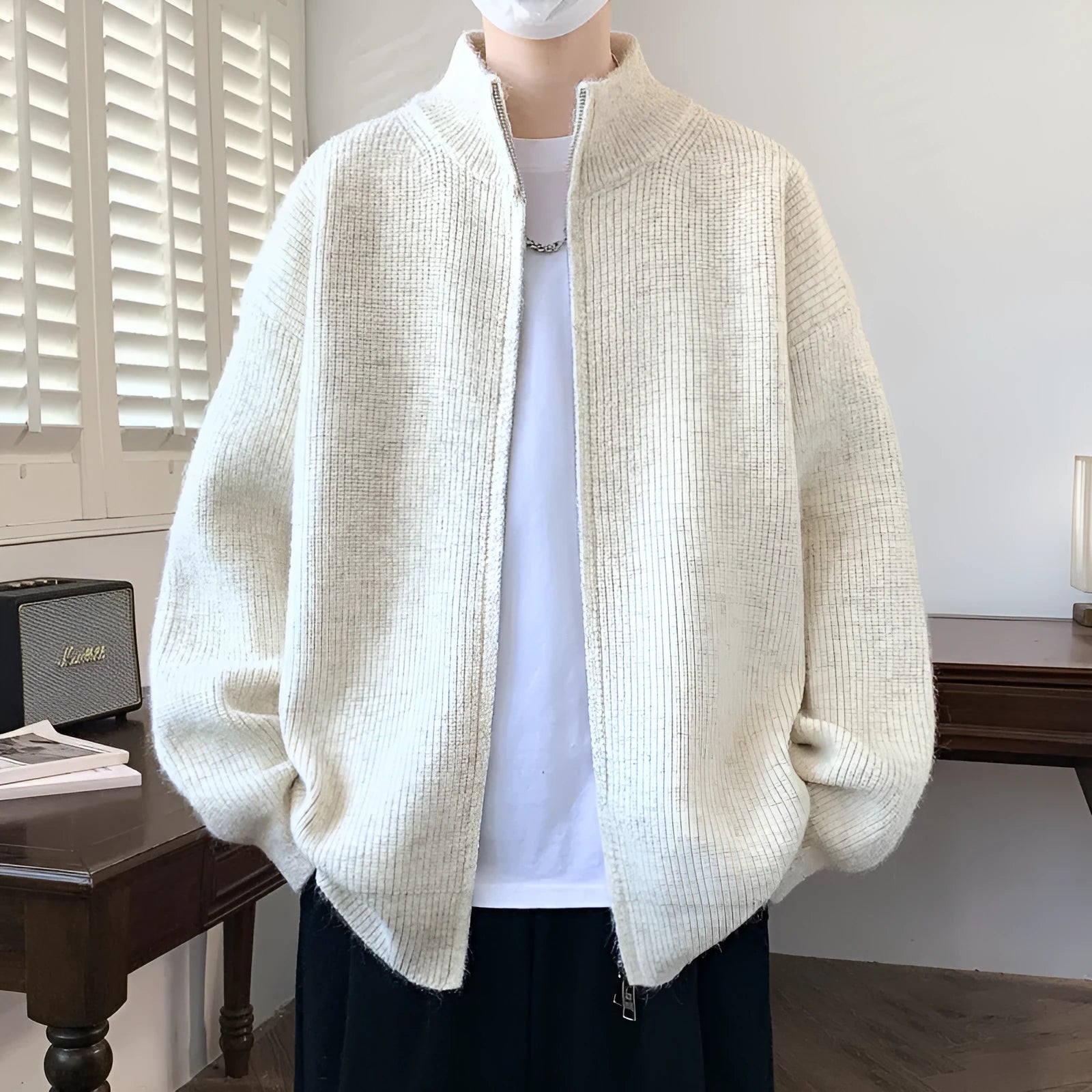 Men's casual stand collar cardigan sweater in Vinylon, beige colour, front view on hanger