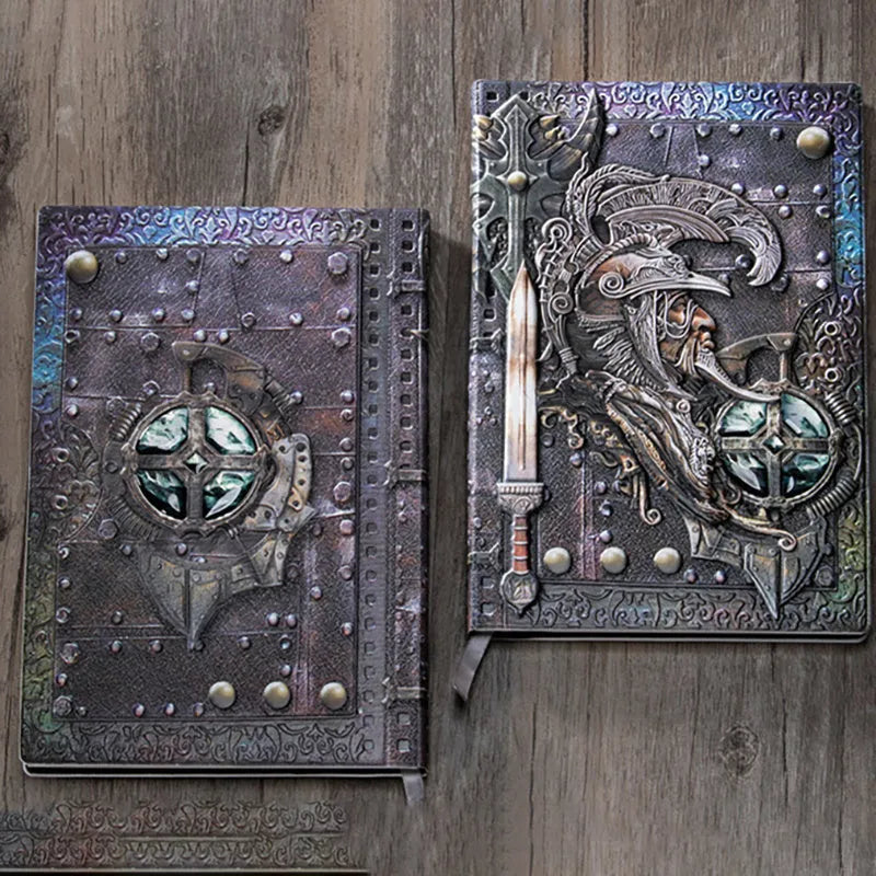 A5 leather notebook with an embossed 3D warriors relief design on the cover in bronze colour.