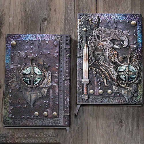A5 leather notebook with an embossed 3D warriors relief design on the cover in bronze colour.