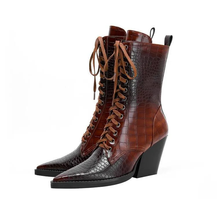 Dark brown retro pointed toe ankle boots with lace detailing and a chunky heel on a white background.