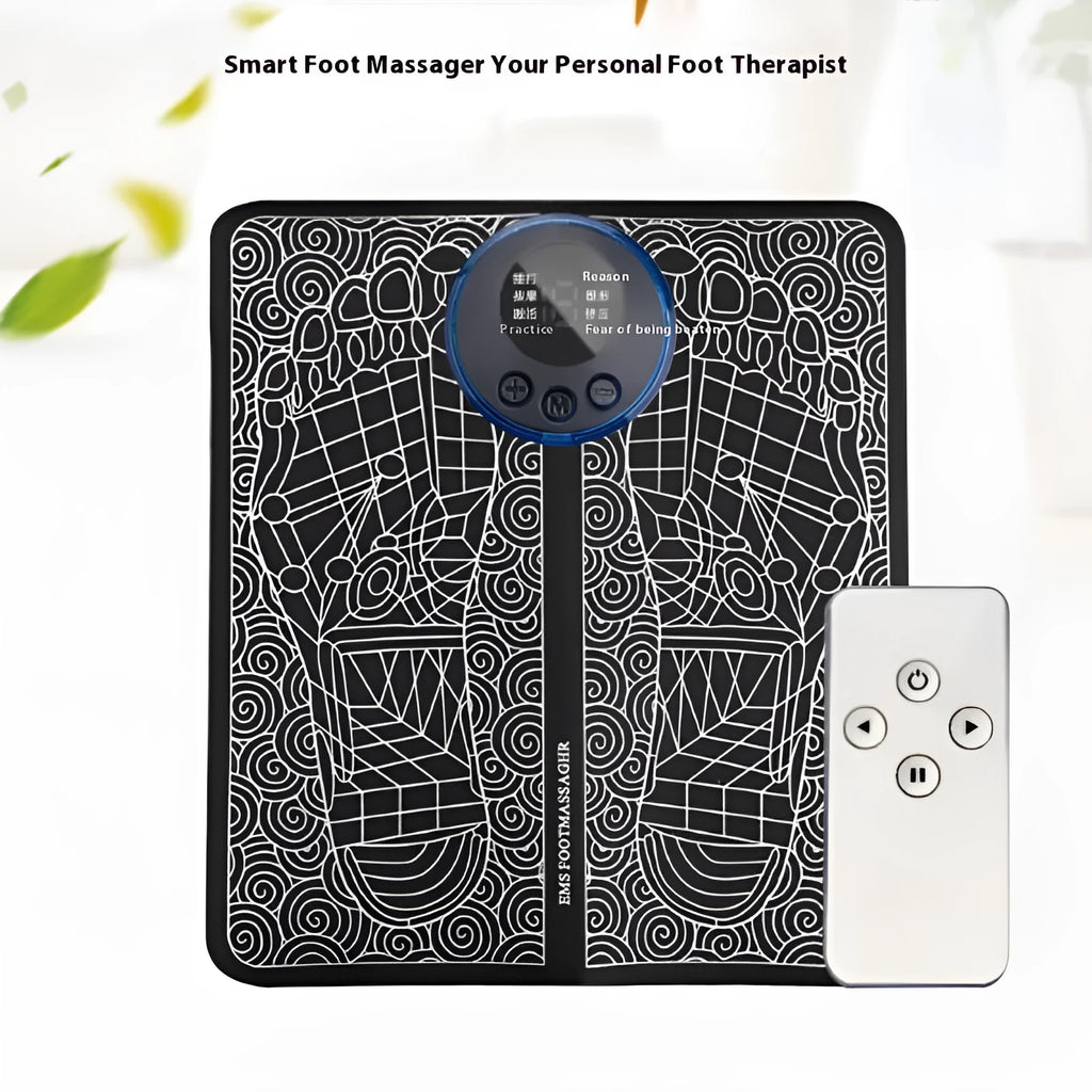 Pulse micro-current foot massage cushion with leather surface, LCD screen, and wireless remote control.