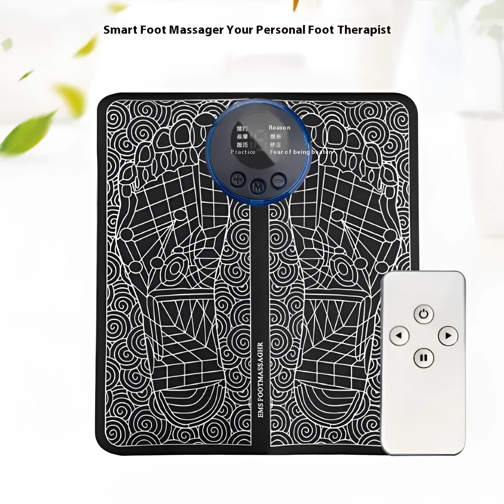 Pulse micro-current foot massage cushion with leather surface, LCD screen, and wireless remote control.
