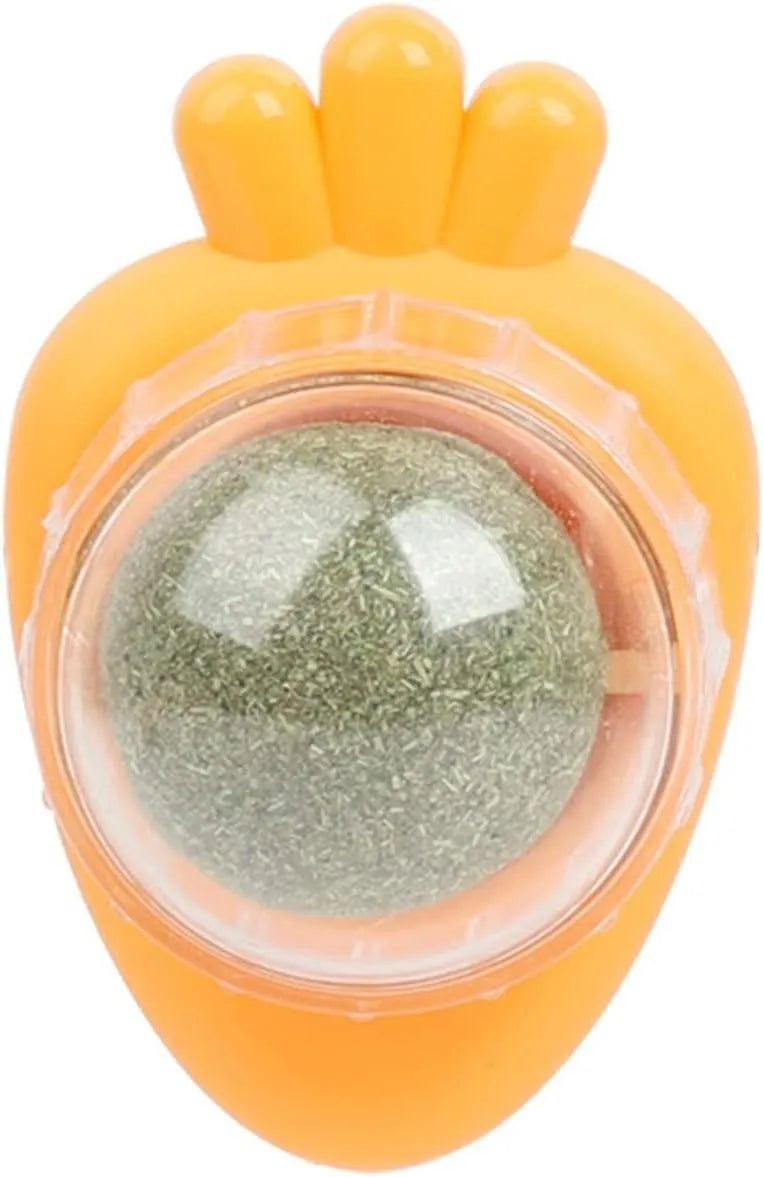 Blue carrot-shaped catnip ball with adhesive back for wall mounting and feline dental cleaning