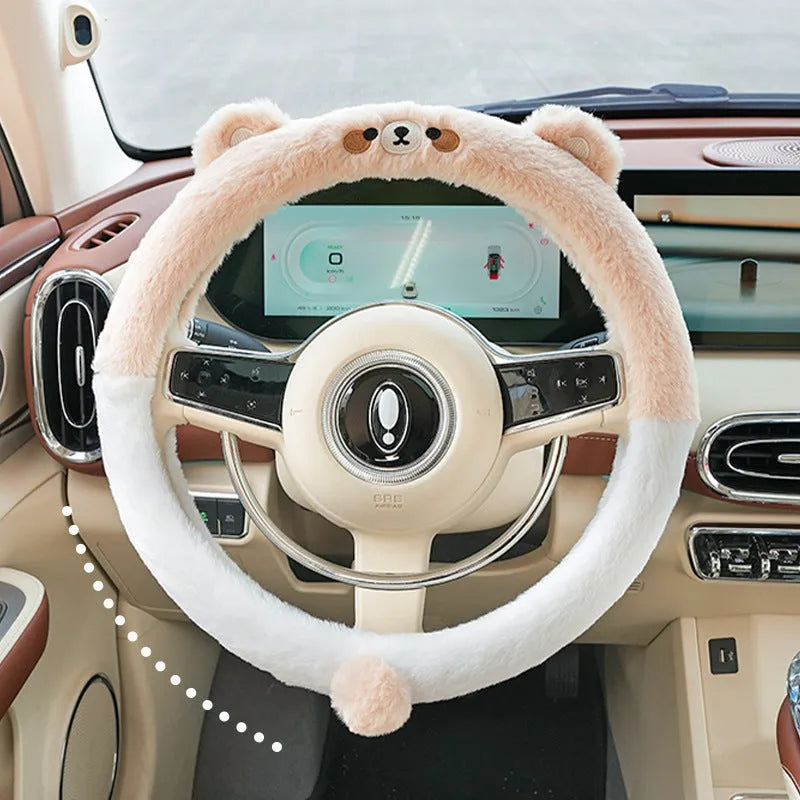 Plush cartoon animal steering wheel cover in rabbit fur fleece for winter, shown on a 38cm car steering wheel.