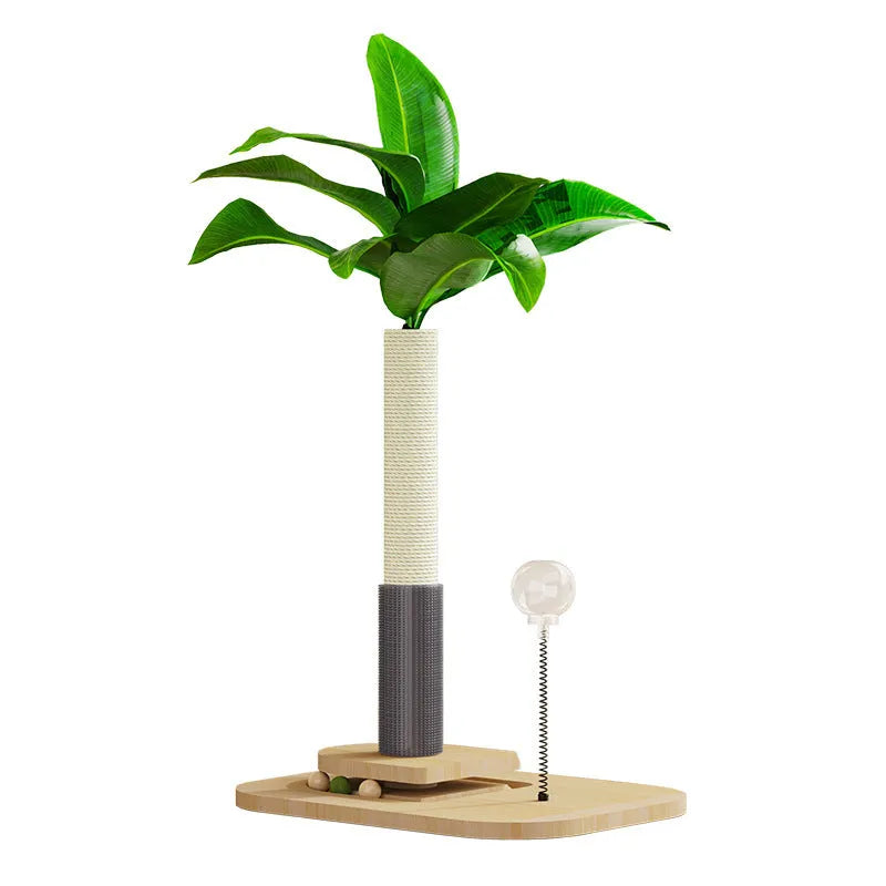 Tall wooden cat scratching post wrapped in natural-coloured sisal rope.