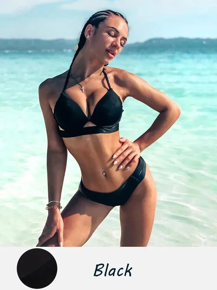 Women's backless skinny bikini set in polyester fabric showing colour options