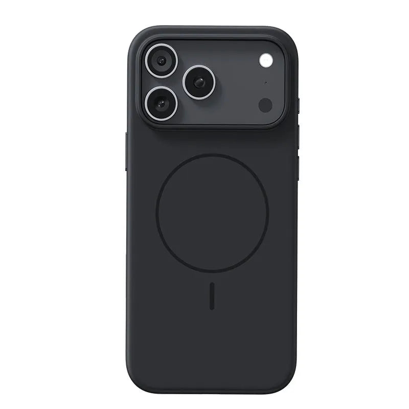 Frosted magnetic protective case for iPhone 17 series in black, showing raised camera lip and simple design.