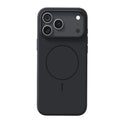 Frosted magnetic protective case for iPhone 17 series in black, showing raised camera lip and simple design.