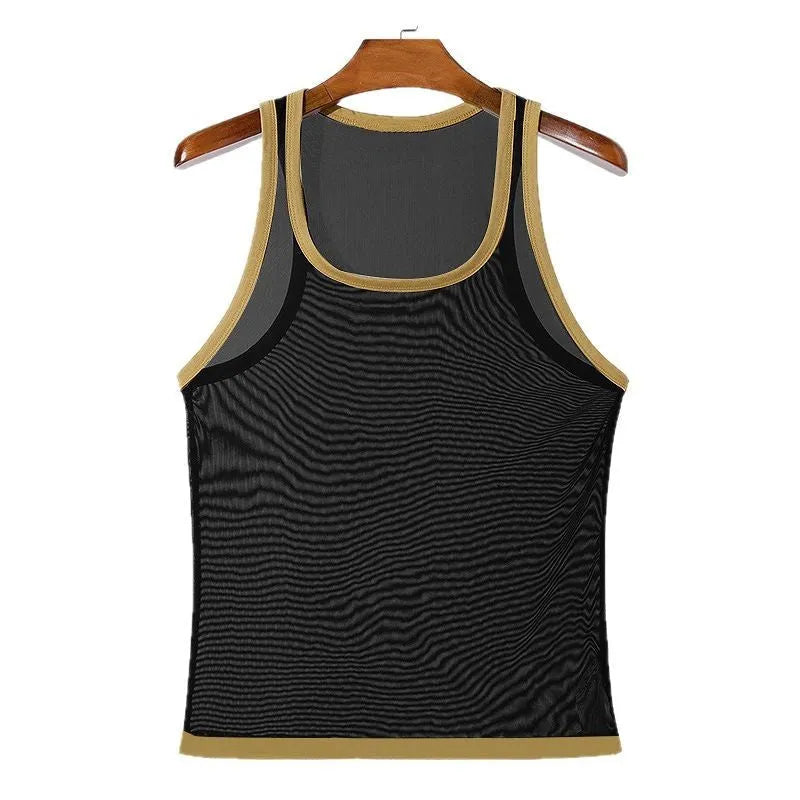 Men's solid-colour tight-fitting mesh vest for sports in black or white.