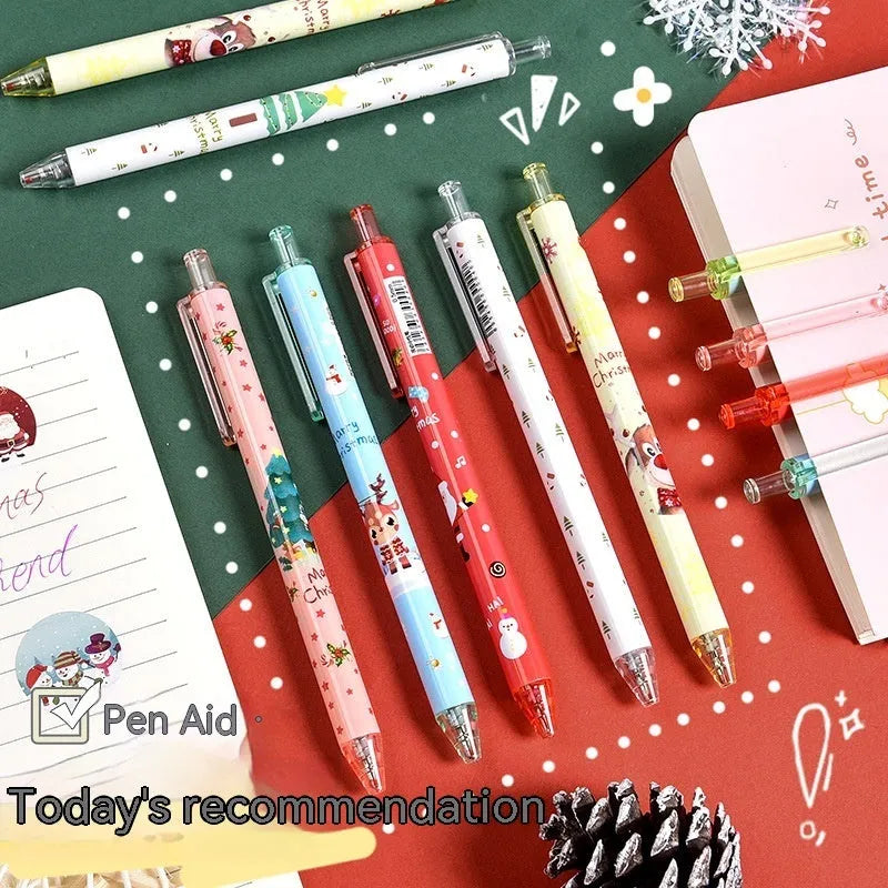 Set of six black ink signature pens with colourful cartoon design on plastic shells.